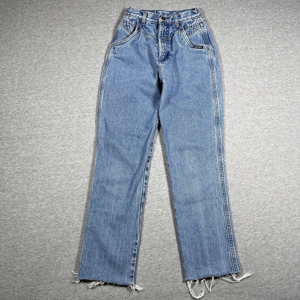 VTG Rockies Jeans Womens 26/3 Blue Mom Relaxed Distressed Fringe 100% Cotton